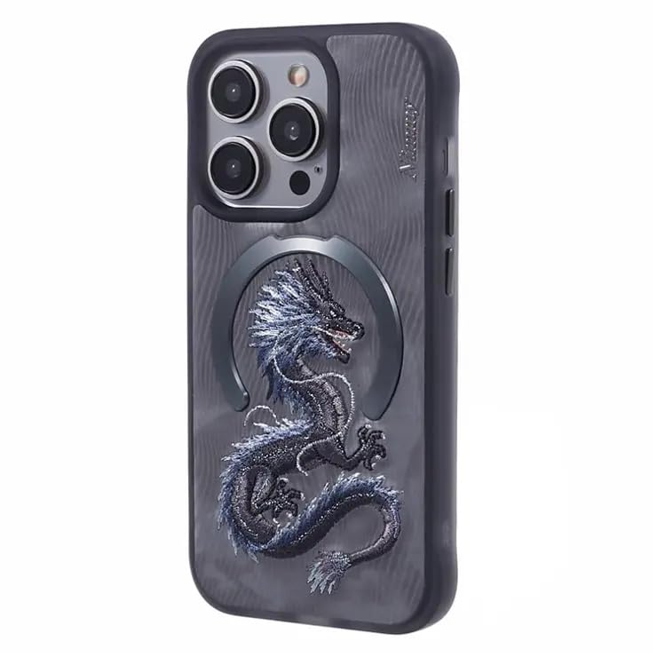 Nimmy Design Dreamy Animal Series Magnetic Safe Case, 3D Embroidery Anti-Slip Scratch Resistant Protective Cover For iPhone 15 Series(Grey Dragon)