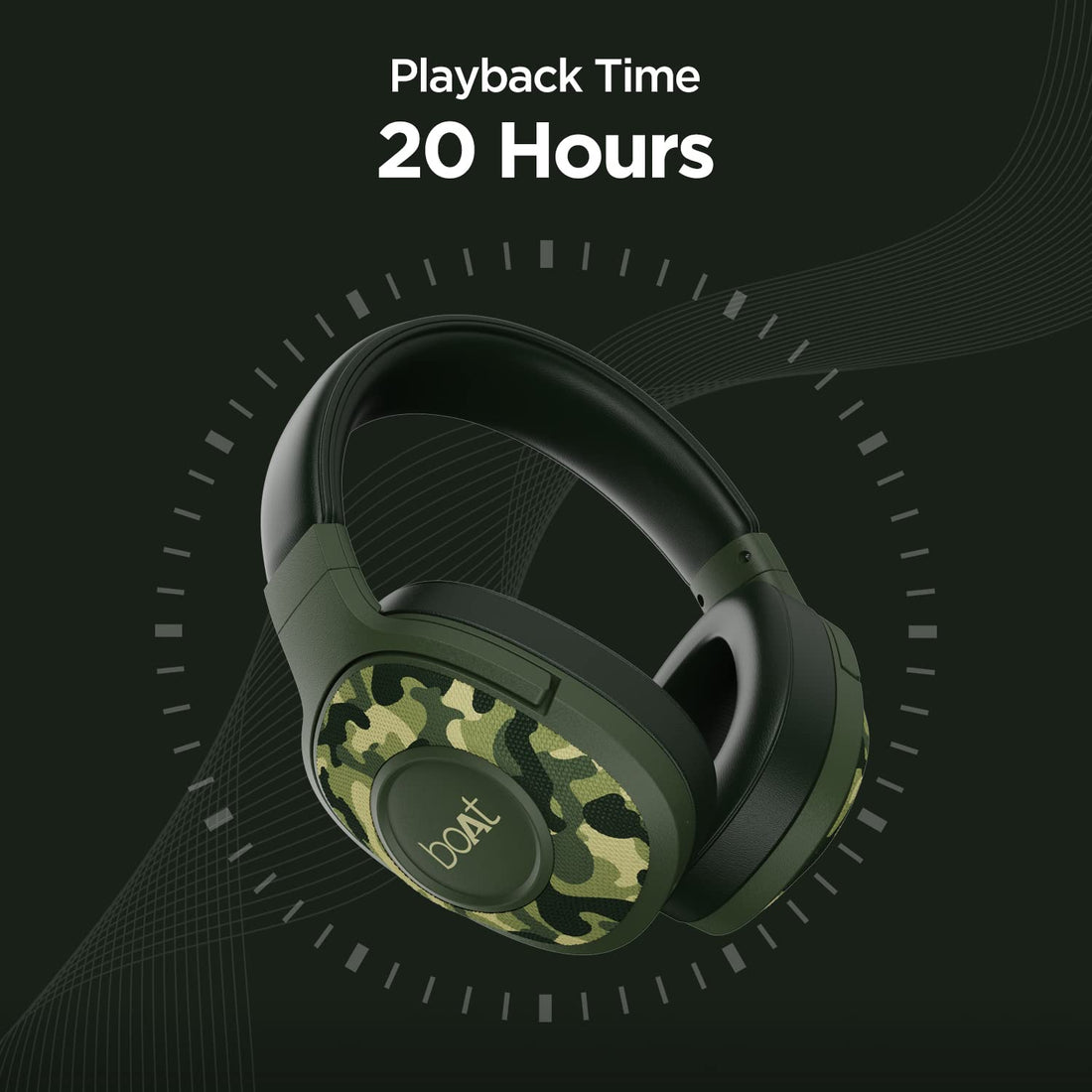 Roll over image to zoom in boAt Rockerz 550 Over Ear Bluetooth Headphones with Upto 20 Hours Playback, 50MM Drivers, Soft Padded Ear Cushions and Physical Noise Isolation, Without Mic (Army Green)