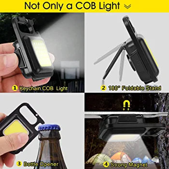 Multifunction Keychain Led Light with Bottle Opener, Magnetic Base and Folding Bracket Mini Cob 500 lumens Rechargeable Multifunctional Keychain Emergency Light Keychain
