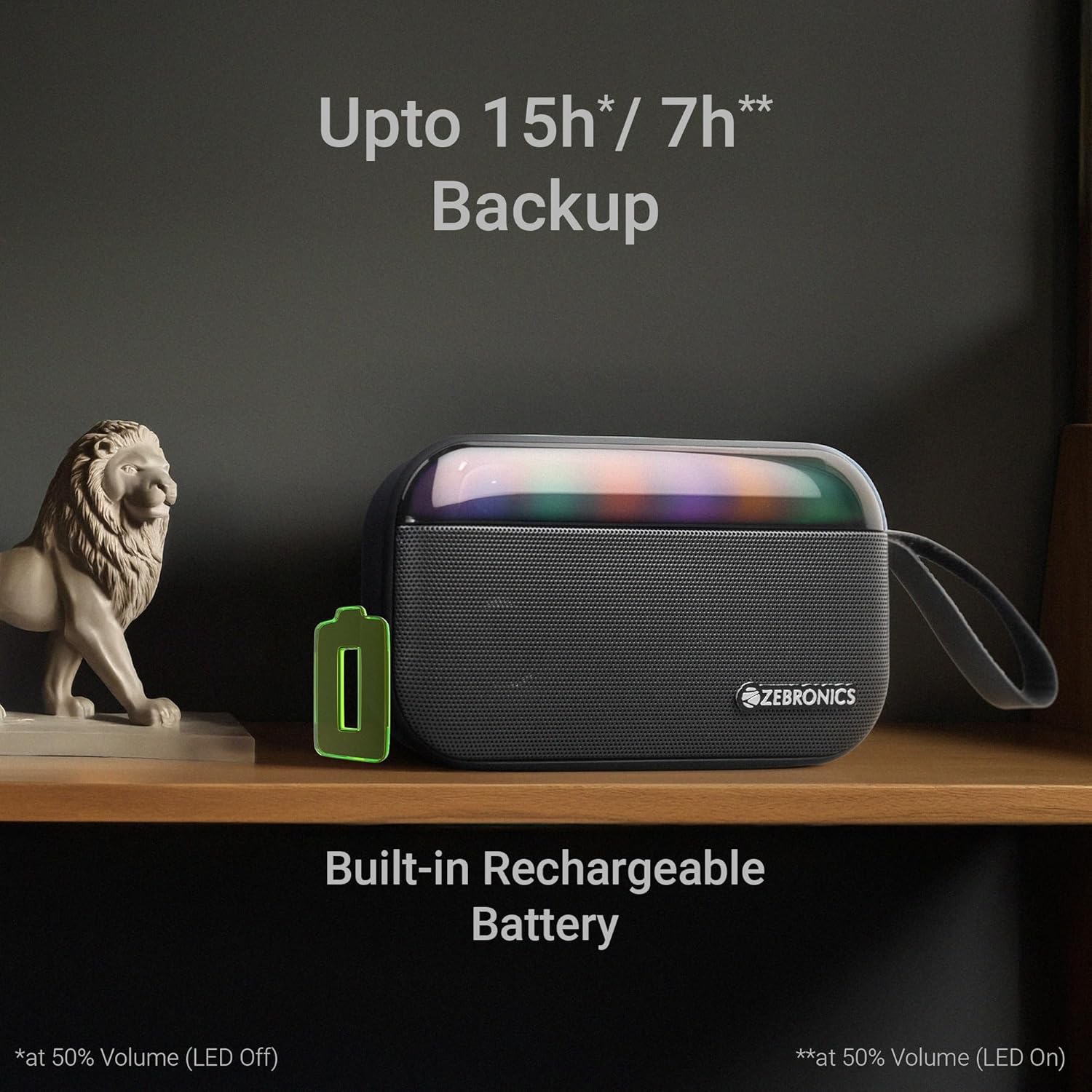 ZEBRONICS County 7 Portable Bluetooth Speaker, 8 Watts, Upto 15 Hours Playback, Passive Radiator, BTv5.3 | mSD | TWS | USB, RGB LED, Call Function, Carry Loop (Black)