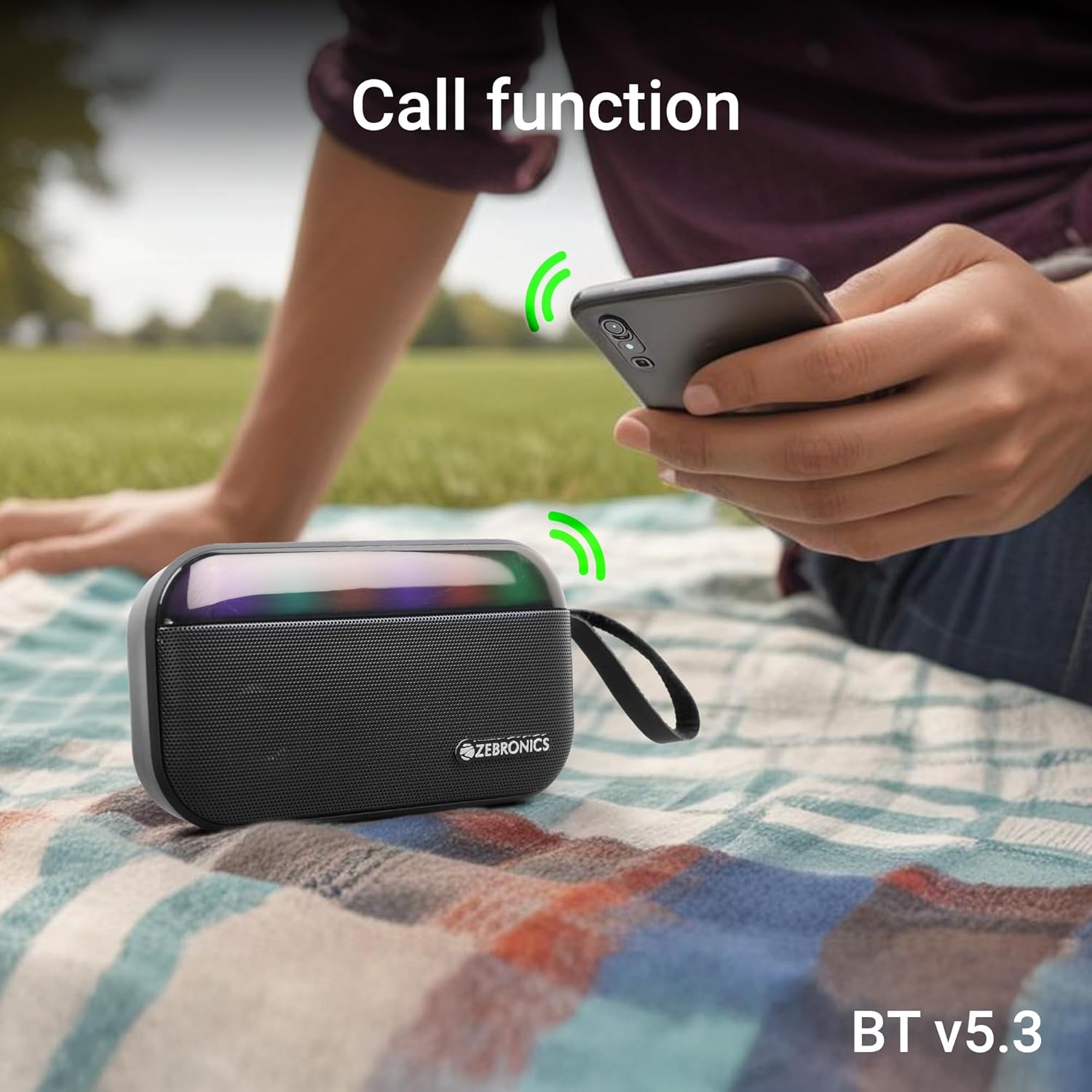 ZEBRONICS County 7 Portable Bluetooth Speaker, 8 Watts, Upto 15 Hours Playback, Passive Radiator, BTv5.3 | mSD | TWS | USB, RGB LED, Call Function, Carry Loop (Black)