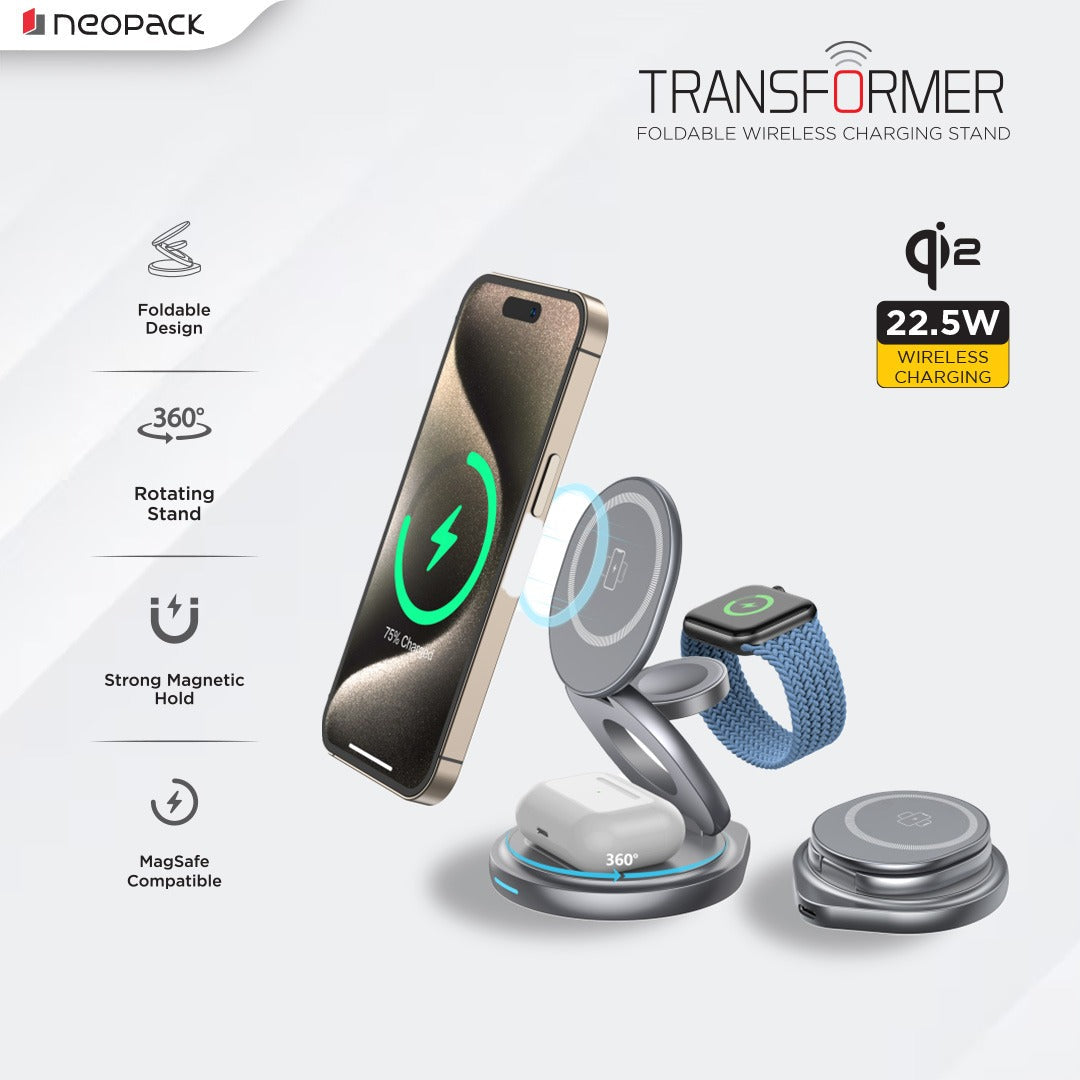 Transformer 3IN1 Wireless Charger Qi2 22.5W Compatible with iPhone, Apple Watch & Airpod (Grey)
