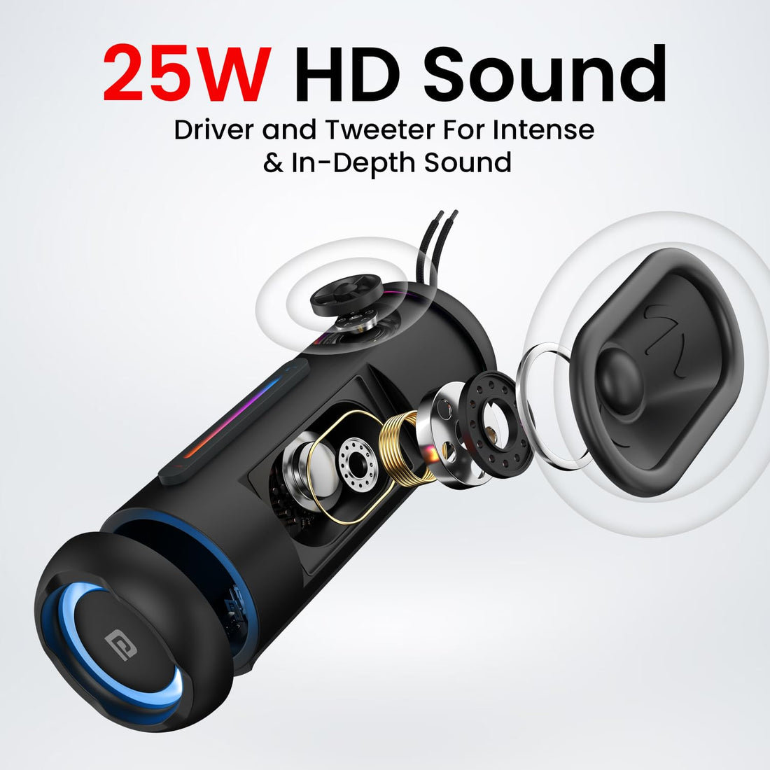 Portronics Breeze 5 25W Portable Wireless Bluetooth Speaker with in Built Mic,6 Hrs Playtime,RGB LEDs,TWS Mode,BT 5.3v,USB Drive,SD Card,AUX in,FM Radio,IPX5 Water Resistant,Type C Charging(Black)